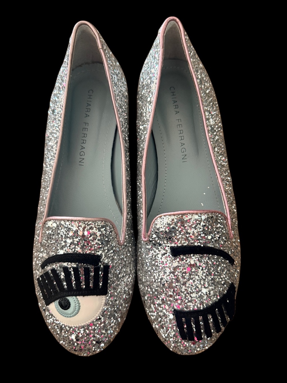 Chiara Ferragni Glitter Eye Wink Loafers in Silver-Sz 7